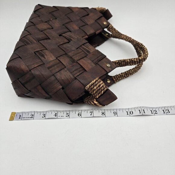 Dark Brown Wood Basket Weave Handbag Womens Medium Handles Coastal Cottagecore - Picture 11 of 14